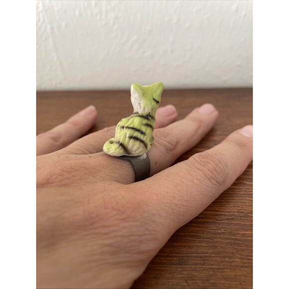 Sad Yellow Tabby Cat Ceramic Ring Grumpy Neon‎ OOAK Adjustable Band Maximalism - Picture 4 of 8